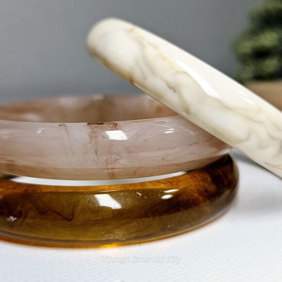 Cherry Tree Marble Swirl Bangles Pink Brown & White Bracelets Boho Set 3 Acrylic - Picture 3 of 10